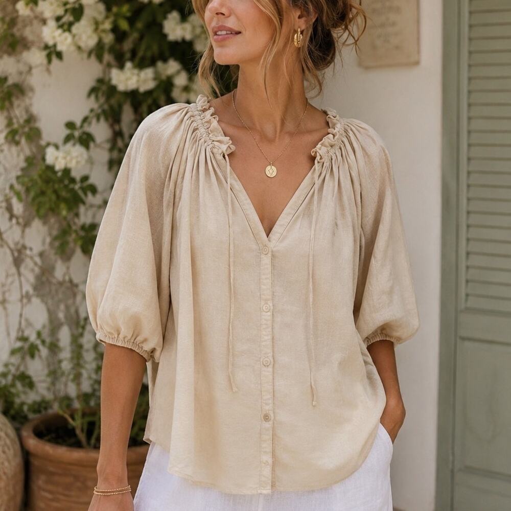 Antonio Melani Linen Blend Peasant Blouse Beige M Butter Mom Boho Tunic Prairie